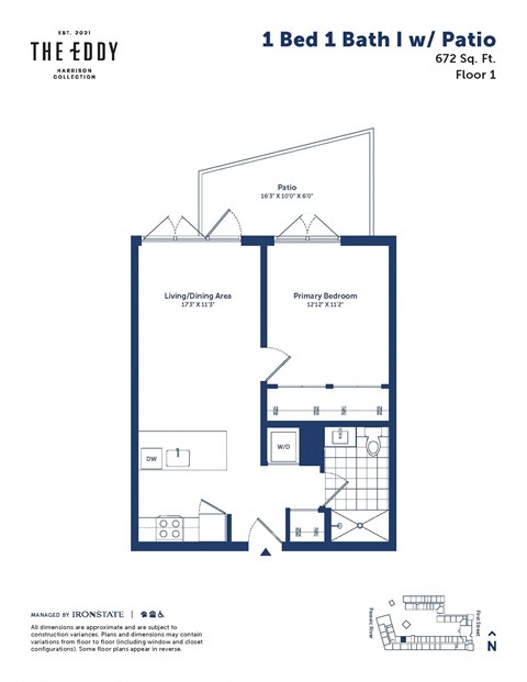 a floor plan of a 1 bed 1 bath apartment